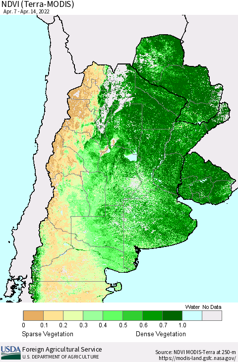 Southern South America NDVI (Terra-MODIS) Thematic Map For 4/11/2022 - 4/20/2022