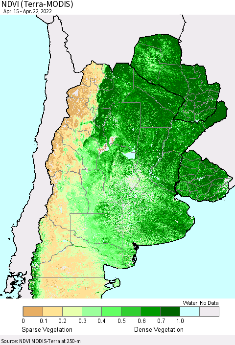 Southern South America NDVI (Terra-MODIS) Thematic Map For 4/15/2022 - 4/22/2022