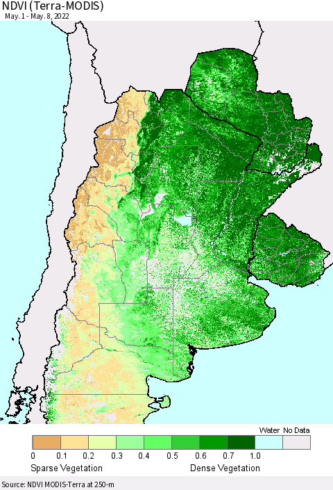 Southern South America NDVI (Terra-MODIS) Thematic Map For 5/1/2022 - 5/8/2022