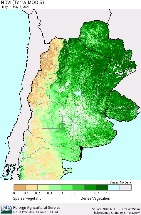 Southern South America NDVI (Terra-MODIS) Thematic Map For 5/1/2022 - 5/10/2022