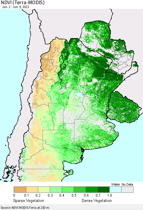Southern South America NDVI (Terra-MODIS) Thematic Map For 6/2/2022 - 6/9/2022