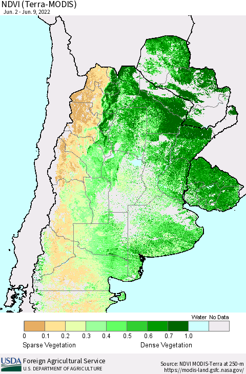 Southern South America NDVI (Terra-MODIS) Thematic Map For 6/1/2022 - 6/10/2022