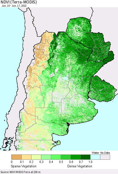 Southern South America NDVI (Terra-MODIS) Thematic Map For 6/10/2022 - 6/17/2022