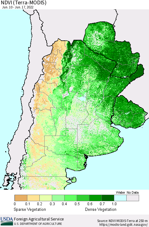 Southern South America NDVI (Terra-MODIS) Thematic Map For 6/11/2022 - 6/20/2022