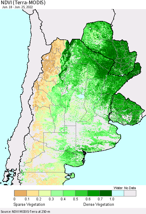 Southern South America NDVI (Terra-MODIS) Thematic Map For 6/18/2022 - 6/25/2022