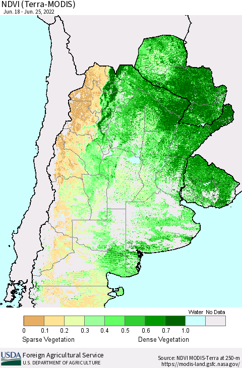 Southern South America NDVI (Terra-MODIS) Thematic Map For 6/21/2022 - 6/30/2022