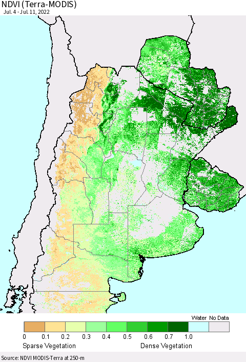 Southern South America NDVI (Terra-MODIS) Thematic Map For 7/4/2022 - 7/11/2022