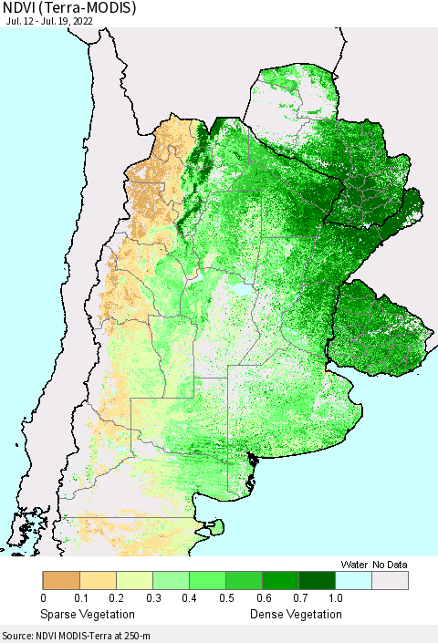 Southern South America NDVI (Terra-MODIS) Thematic Map For 7/12/2022 - 7/19/2022