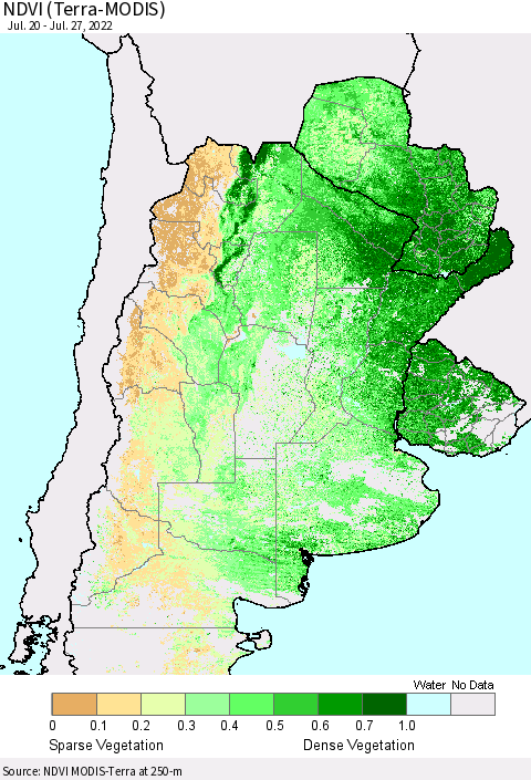 Southern South America NDVI (Terra-MODIS) Thematic Map For 7/20/2022 - 7/27/2022