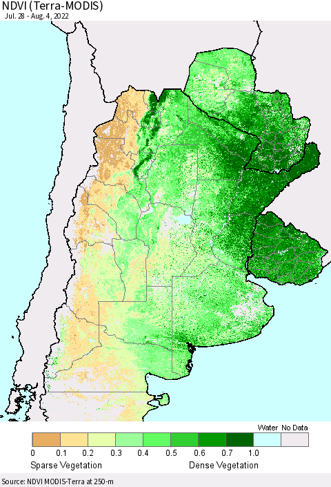 Southern South America NDVI (Terra-MODIS) Thematic Map For 7/28/2022 - 8/4/2022