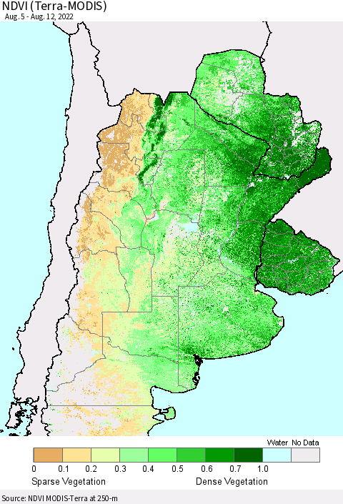 Southern South America NDVI (Terra-MODIS) Thematic Map For 8/5/2022 - 8/12/2022