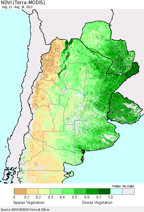 Southern South America NDVI (Terra-MODIS) Thematic Map For 8/21/2022 - 8/28/2022