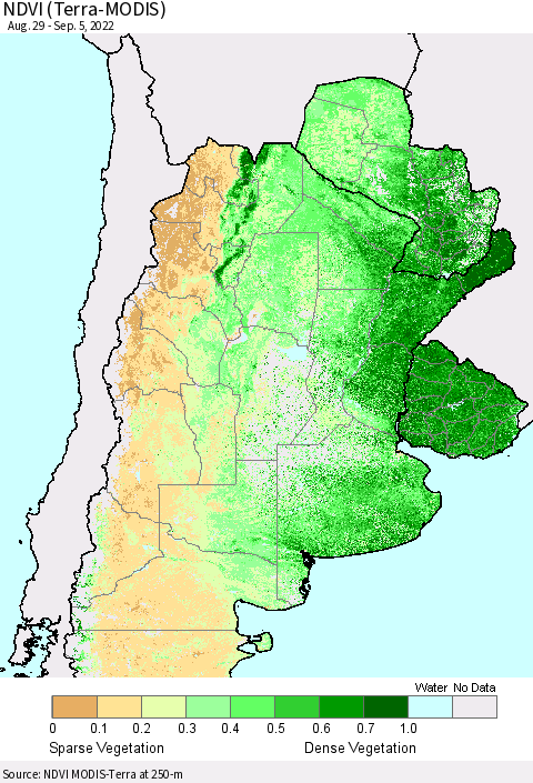 Southern South America NDVI (Terra-MODIS) Thematic Map For 8/29/2022 - 9/5/2022