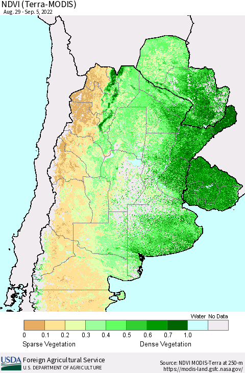 Southern South America NDVI (Terra-MODIS) Thematic Map For 9/1/2022 - 9/10/2022