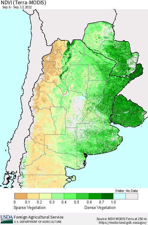 Southern South America NDVI (Terra-MODIS) Thematic Map For 9/11/2022 - 9/20/2022
