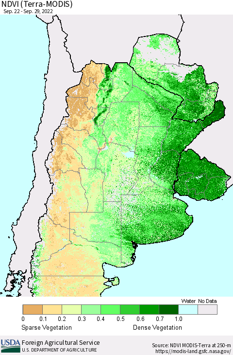 Southern South America NDVI (Terra-MODIS) Thematic Map For 9/21/2022 - 9/30/2022