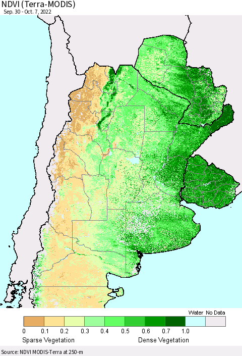 Southern South America NDVI (Terra-MODIS) Thematic Map For 9/30/2022 - 10/7/2022