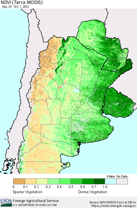 Southern South America NDVI (Terra-MODIS) Thematic Map For 10/1/2022 - 10/10/2022