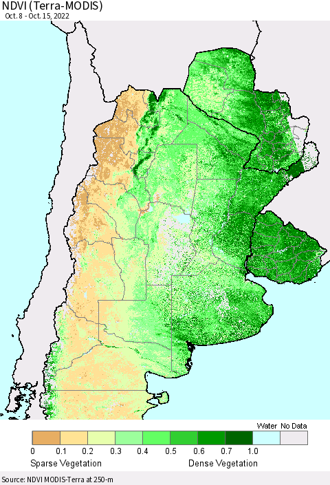 Southern South America NDVI (Terra-MODIS) Thematic Map For 10/8/2022 - 10/15/2022