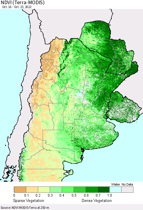 Southern South America NDVI (Terra-MODIS) Thematic Map For 10/16/2022 - 10/23/2022