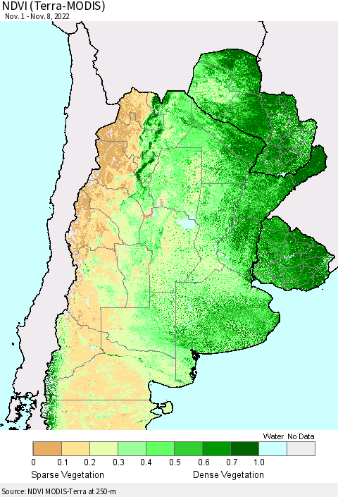 Southern South America NDVI (Terra-MODIS) Thematic Map For 11/1/2022 - 11/8/2022