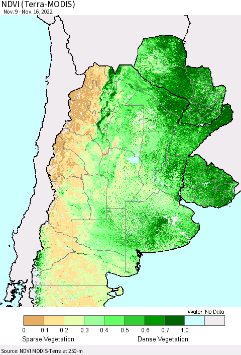 Southern South America NDVI (Terra-MODIS) Thematic Map For 11/9/2022 - 11/16/2022