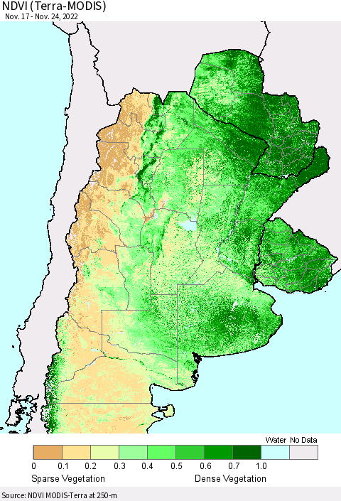 Southern South America NDVI (Terra-MODIS) Thematic Map For 11/17/2022 - 11/24/2022