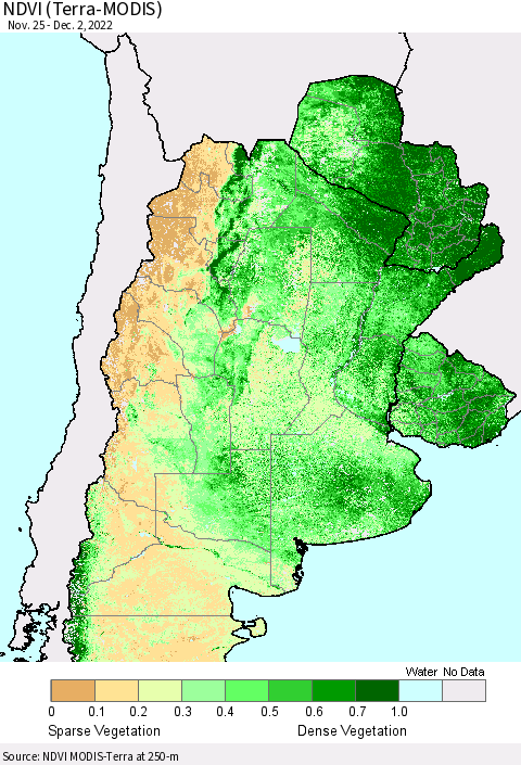 Southern South America NDVI (Terra-MODIS) Thematic Map For 11/25/2022 - 12/2/2022