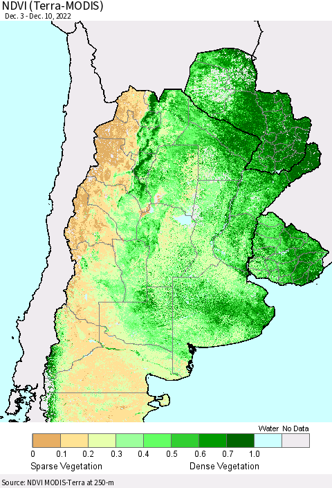 Southern South America NDVI (Terra-MODIS) Thematic Map For 12/3/2022 - 12/10/2022