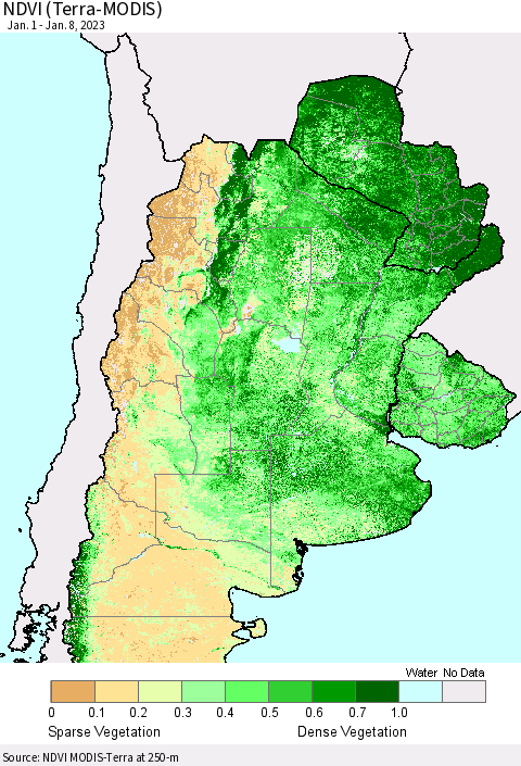 Southern South America NDVI (Terra-MODIS) Thematic Map For 1/1/2023 - 1/8/2023