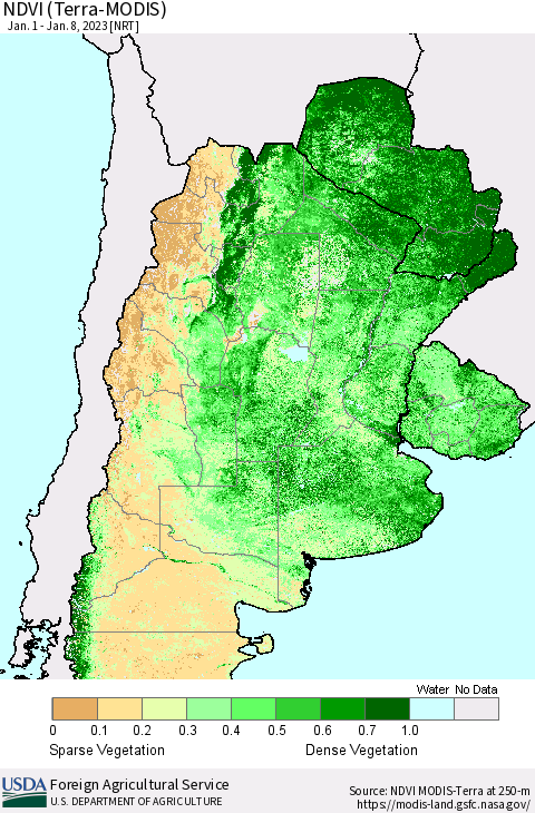Southern South America NDVI (Terra-MODIS) Thematic Map For 1/1/2023 - 1/10/2023