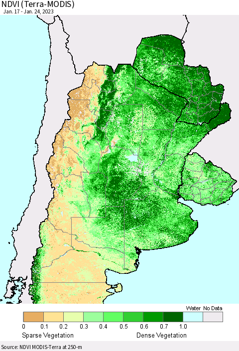 Southern South America NDVI (Terra-MODIS) Thematic Map For 1/17/2023 - 1/24/2023