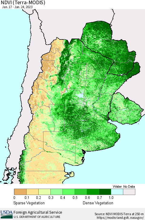 Southern South America NDVI (Terra-MODIS) Thematic Map For 1/21/2023 - 1/31/2023