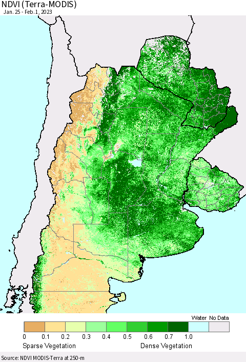 Southern South America NDVI (Terra-MODIS) Thematic Map For 1/25/2023 - 2/1/2023