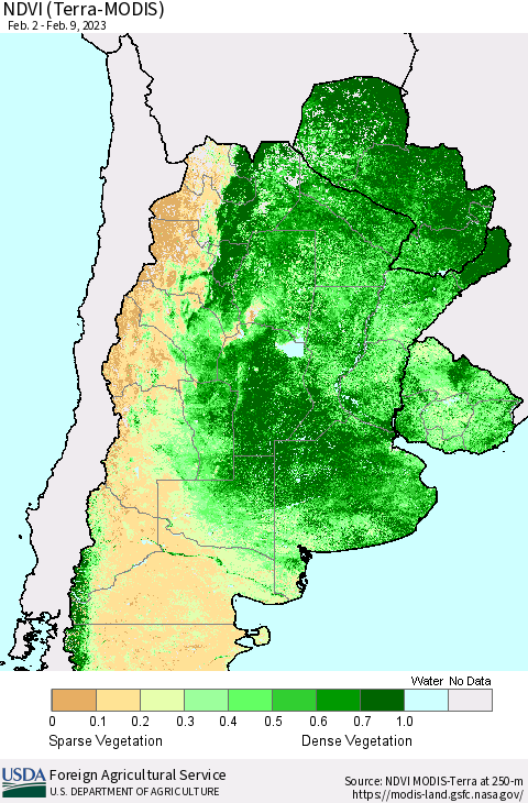 Southern South America NDVI (Terra-MODIS) Thematic Map For 2/1/2023 - 2/10/2023