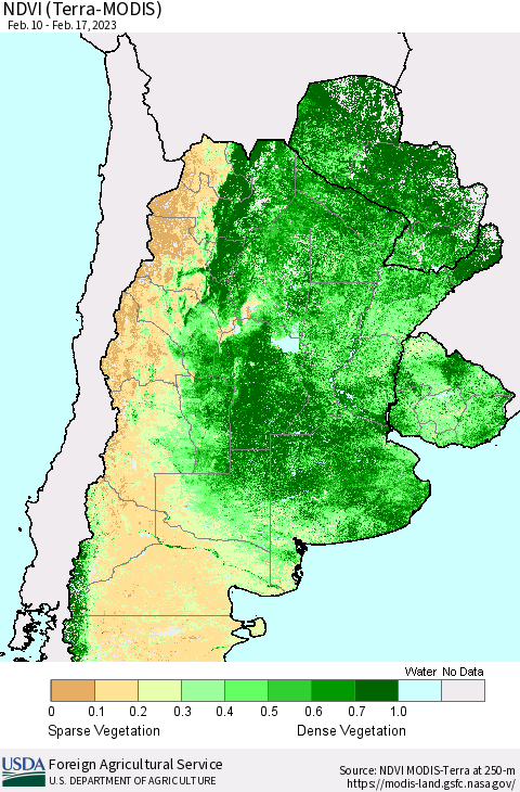 Southern South America NDVI (Terra-MODIS) Thematic Map For 2/11/2023 - 2/20/2023