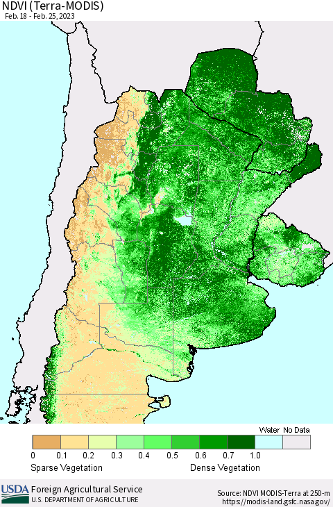 Southern South America NDVI (Terra-MODIS) Thematic Map For 2/21/2023 - 2/28/2023