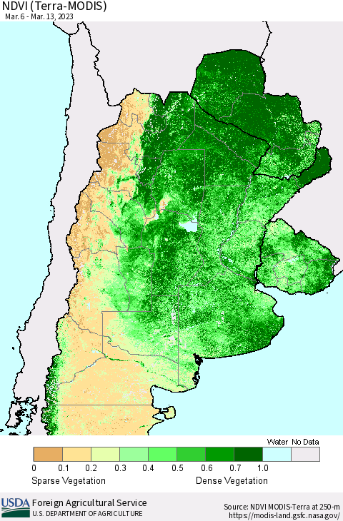 Southern South America NDVI (Terra-MODIS) Thematic Map For 3/11/2023 - 3/20/2023