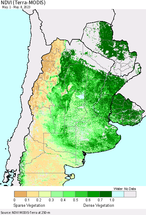 Southern South America NDVI (Terra-MODIS) Thematic Map For 5/1/2023 - 5/8/2023