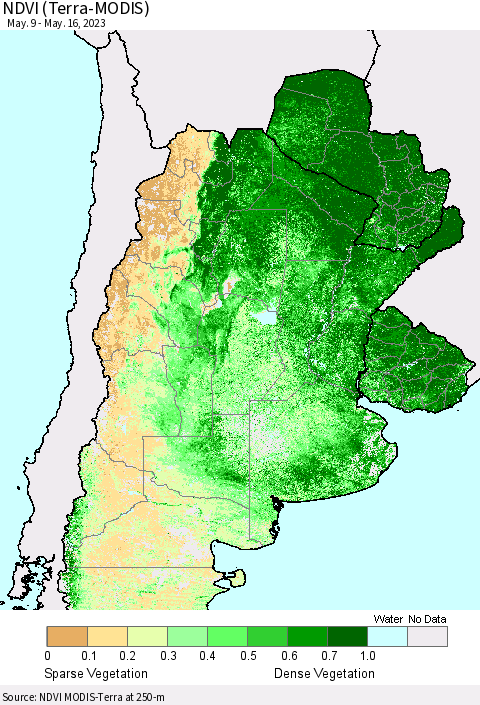 Southern South America NDVI (Terra-MODIS) Thematic Map For 5/9/2023 - 5/16/2023