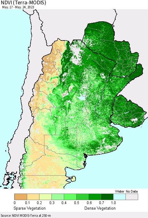 Southern South America NDVI (Terra-MODIS) Thematic Map For 5/17/2023 - 5/24/2023