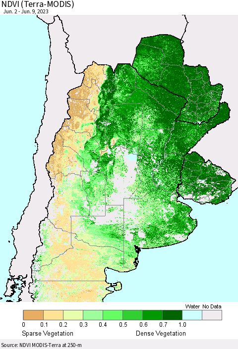 Southern South America NDVI (Terra-MODIS) Thematic Map For 6/2/2023 - 6/9/2023