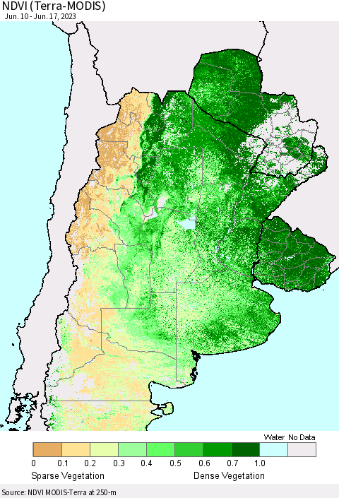 Southern South America NDVI (Terra-MODIS) Thematic Map For 6/10/2023 - 6/17/2023