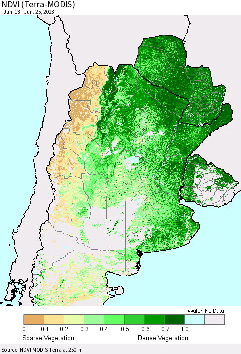 Southern South America NDVI (Terra-MODIS) Thematic Map For 6/18/2023 - 6/25/2023