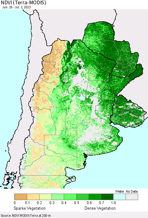 Southern South America NDVI (Terra-MODIS) Thematic Map For 6/26/2023 - 7/3/2023