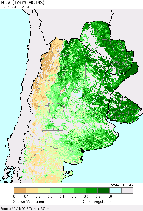 Southern South America NDVI (Terra-MODIS) Thematic Map For 7/4/2023 - 7/11/2023