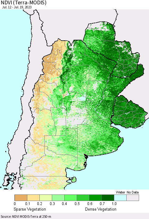 Southern South America NDVI (Terra-MODIS) Thematic Map For 7/12/2023 - 7/19/2023
