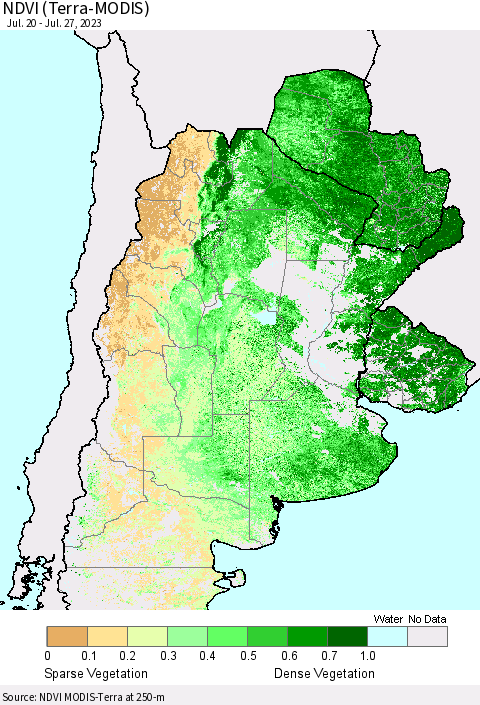 Southern South America NDVI (Terra-MODIS) Thematic Map For 7/20/2023 - 7/27/2023