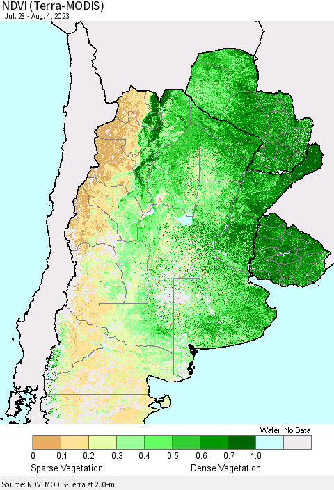 Southern South America NDVI (Terra-MODIS) Thematic Map For 7/28/2023 - 8/4/2023