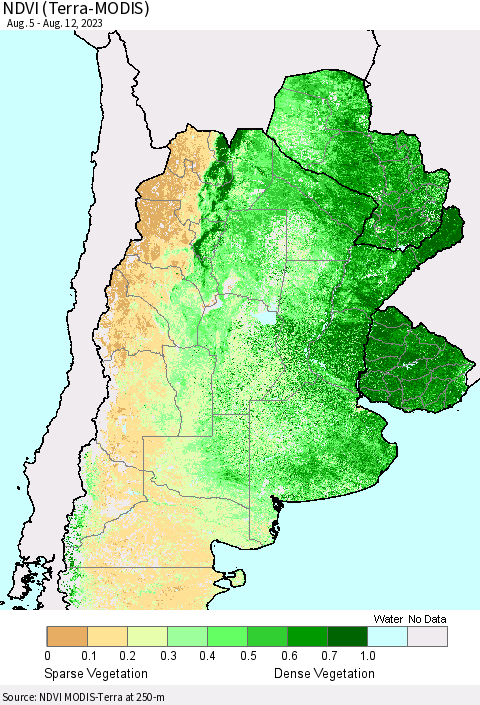 Southern South America NDVI (Terra-MODIS) Thematic Map For 8/5/2023 - 8/12/2023